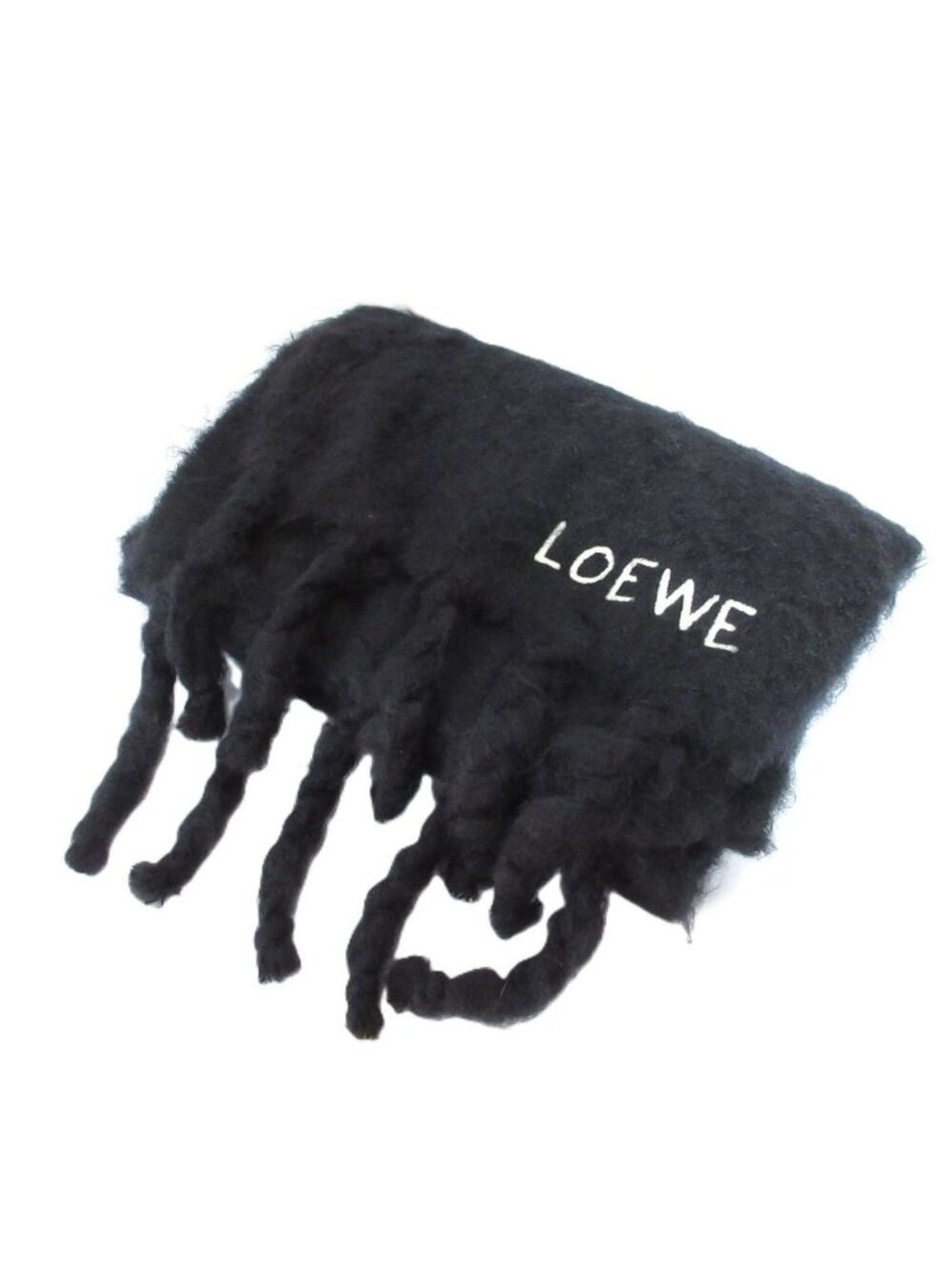 Loewe Logo Embroidered Mohair Shaggy Knit Long Scarf Shawl Black Sweater